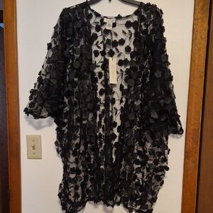 NWT Rachel Zoe Womans Sheer Black Wrap With Embroidery & Black Flowers SZ OS